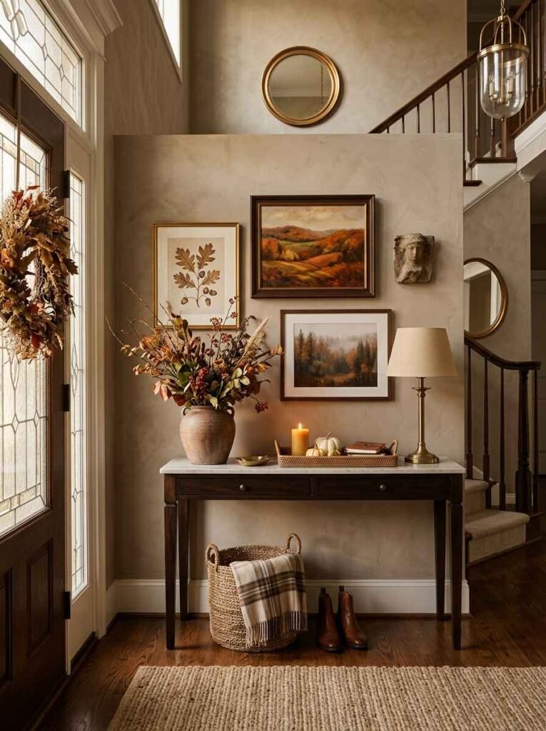 Autumn landscape paintings and botanical prints framed above an entryway console table with woven baskets.