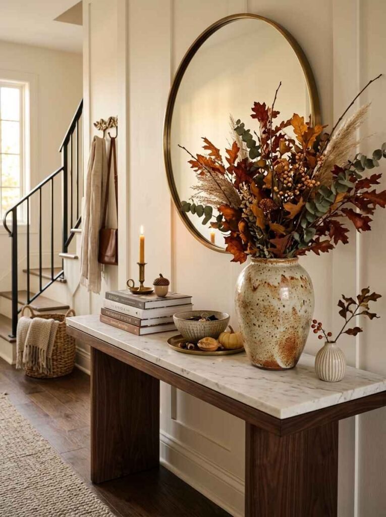 Marble-topped wood console table styled with a large botanical foliage vase, stacked books, and a brass candlestick.