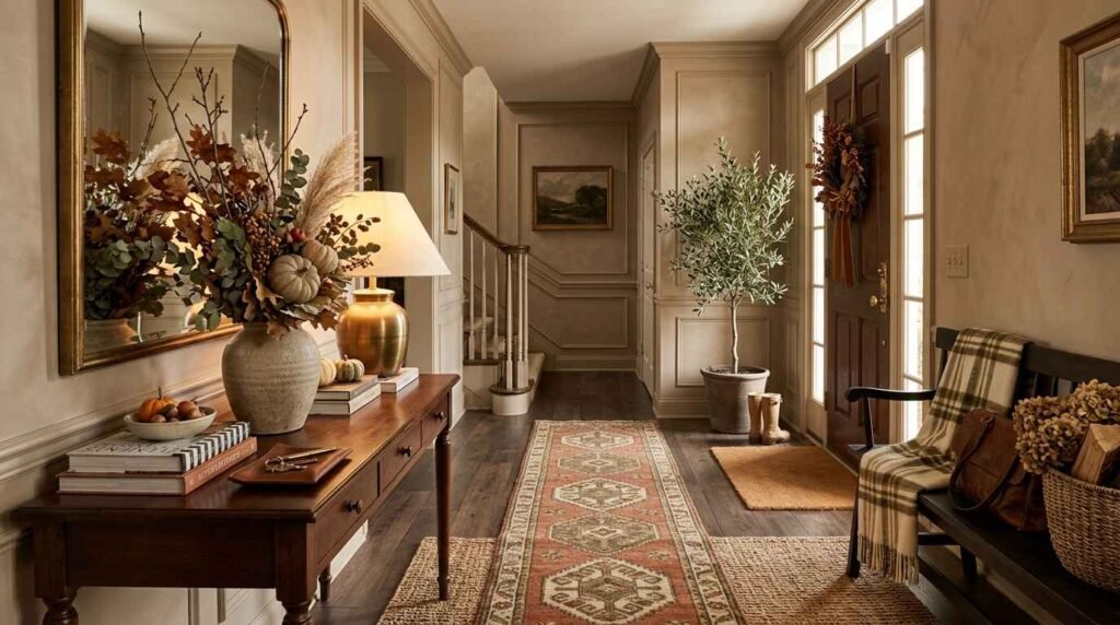 Warm and inviting autumn entryway featuring a vintage runner, console table with seasonal stems, and brass accents.