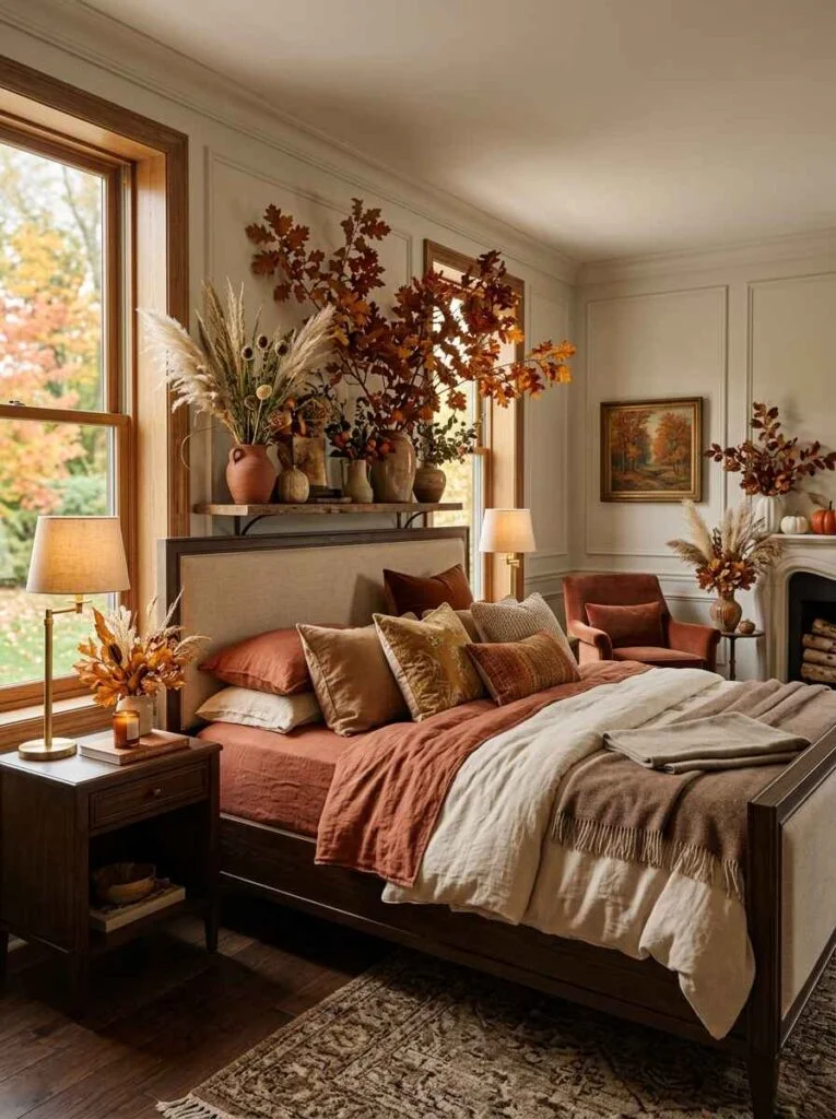 High-ceiling bedroom featuring tall vases filled with dried oak branches and pampas grass displayed on a shelf above an upholstered bed frame.