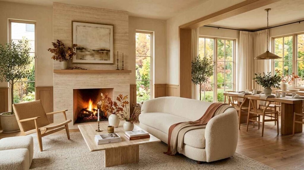 Bright open-concept modern home featuring cream bouclé curved sofa, travertine fireplace mantle, minimalist autumn branches, and natural oak dining table.