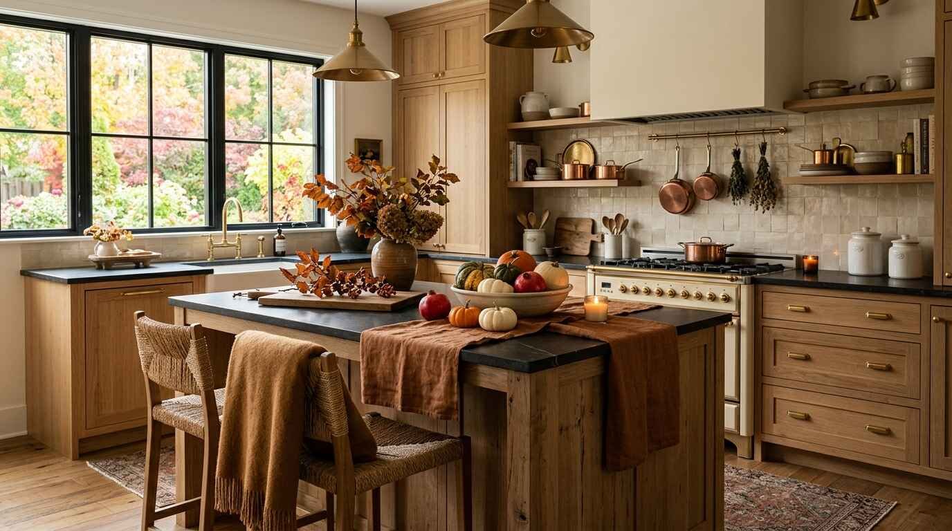 Cozy fall kitchen decorated with warm wood cabinetry, rust-colored linen runner, amber vessel, and seasonal produce bowl.