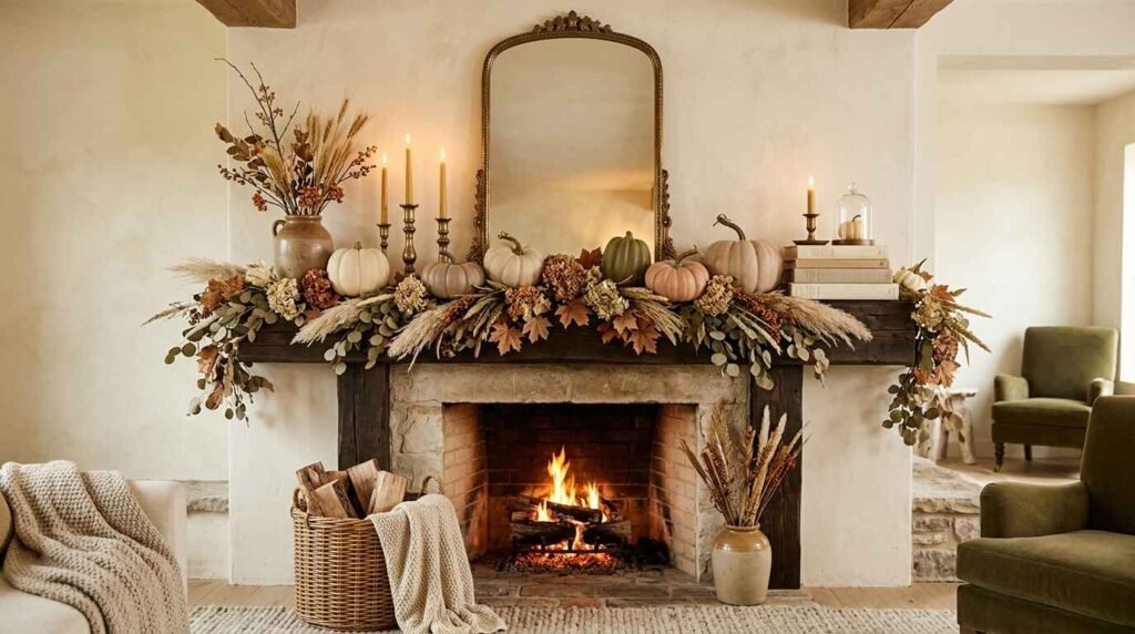 Fireplace mantel styled with a gilded arched mirror, eucalyptus and dried floral garland, heirloom pumpkins, and taper candles.