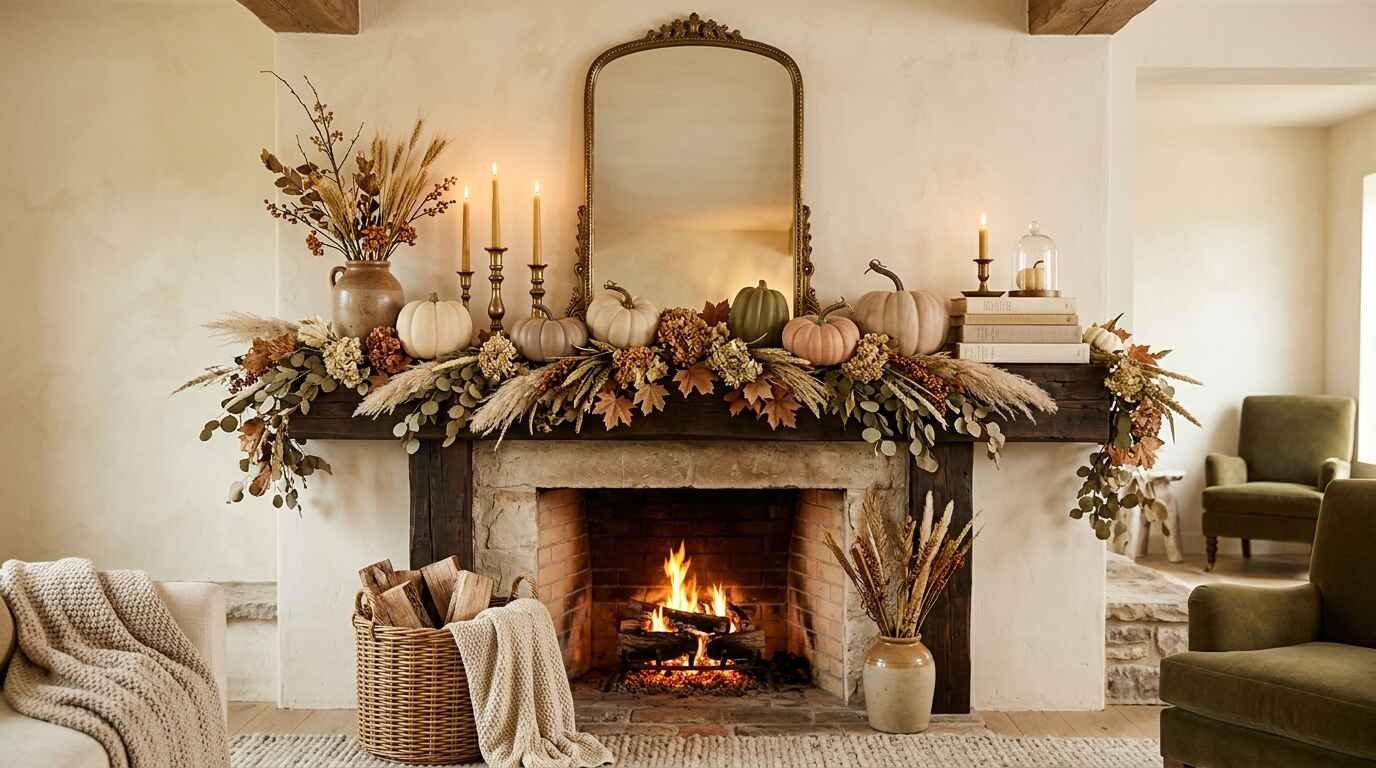 Fireplace mantel styled with a gilded arched mirror, eucalyptus and dried floral garland, heirloom pumpkins, and taper candles.