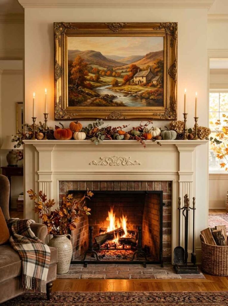Elegant white fireplace mantel decorated with velvet pumpkins, dried botanical garland, tall brass candlesticks, and a gold-framed landscape painting above a crackling fire.
