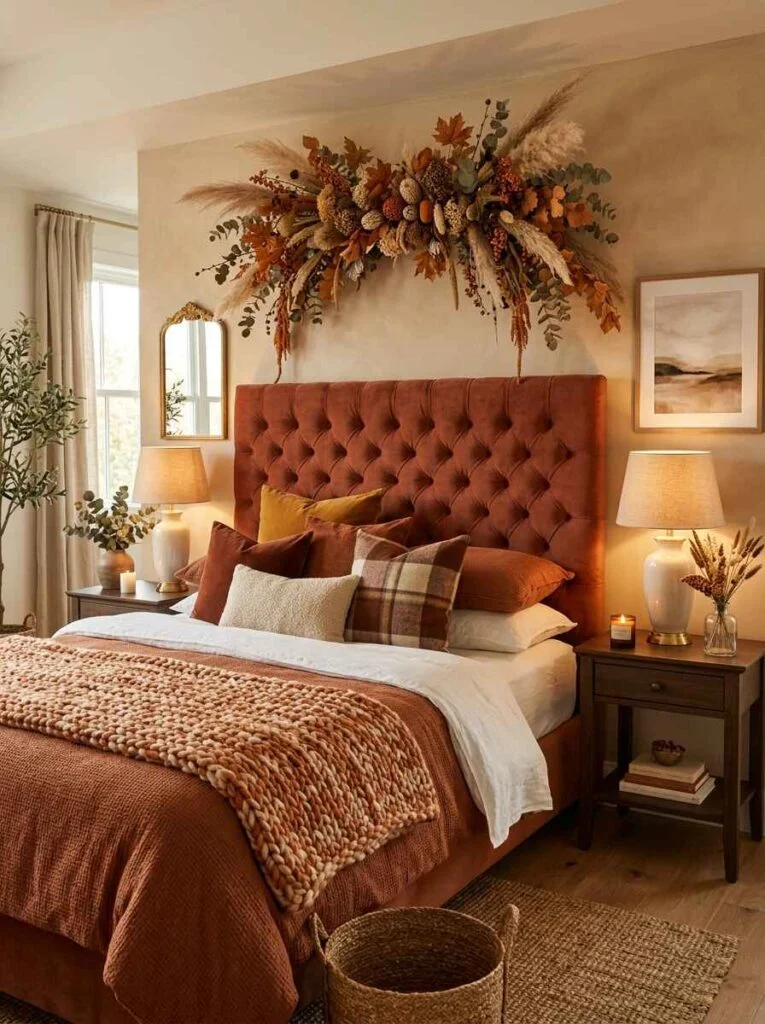 Tufted rust orange velvet headboard styled with a large dried autumn floral installations above, warm bedside table lamps, and chunky knit bedding.