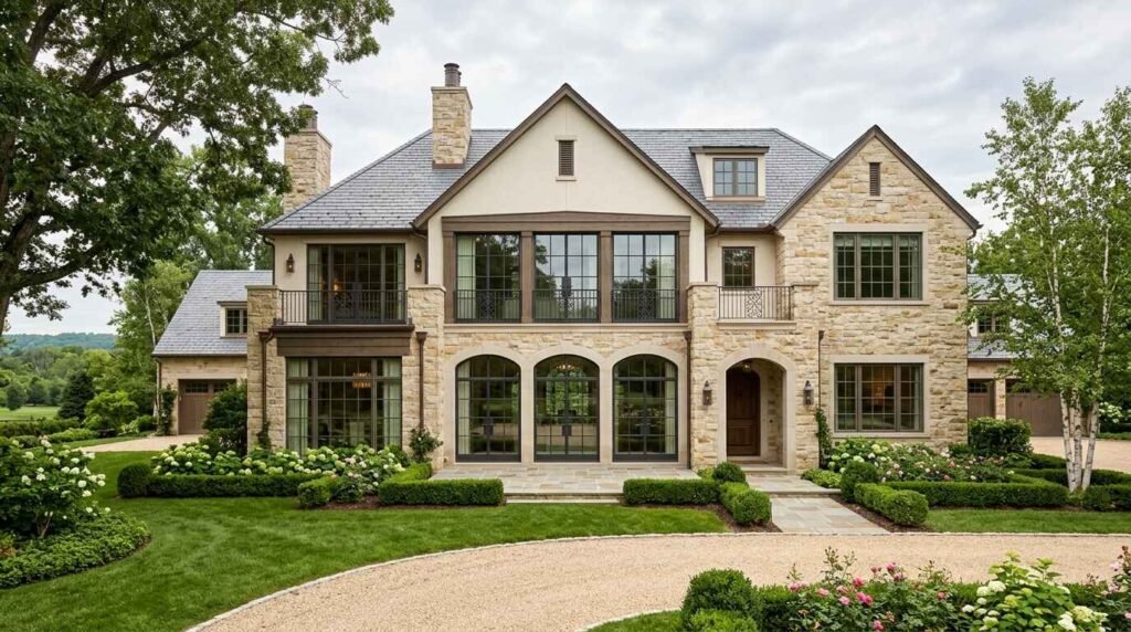 Grand stone estate exterior featuring dark grid sash windows, arched ground-floor openings, manicured boxwood hedging, and a curved gravel driveway.