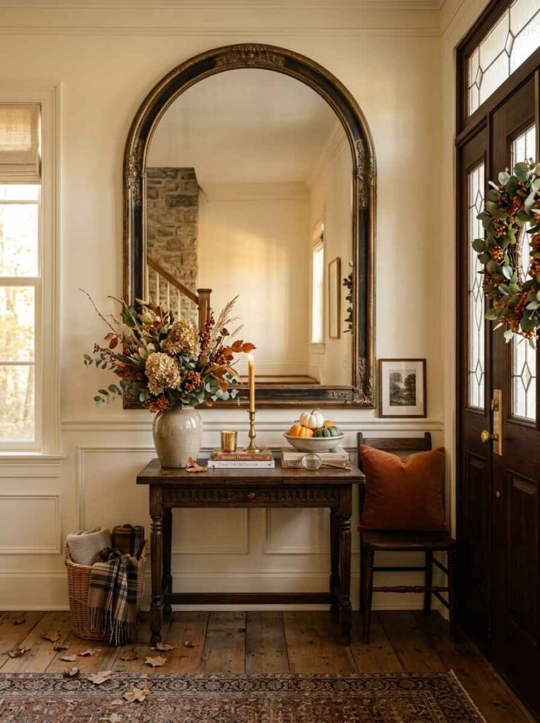 Grand arched mirror reflecting warm autumn light behind a dark wood console table styled with foliage.