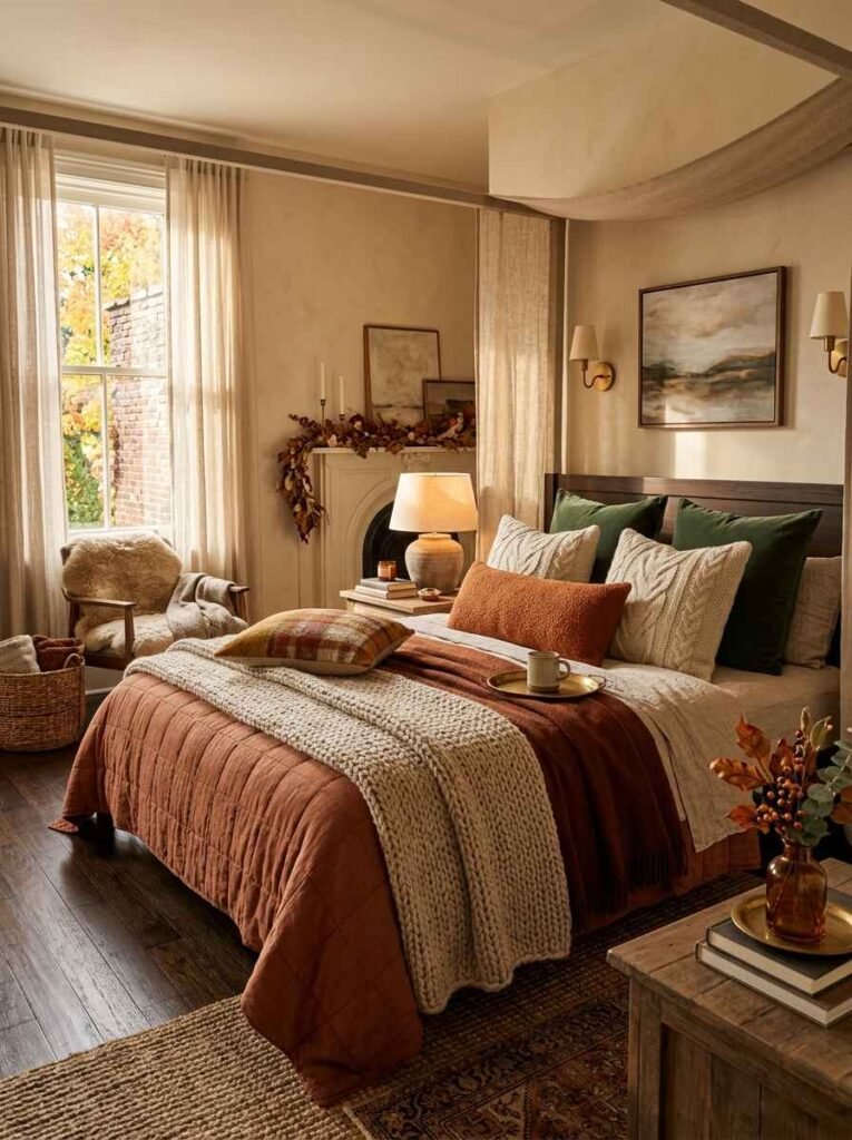 Cozy fall bed layered with a terracotta linen duvet, chunky cable-knit cream throw, waffle blanket, and forest green velvet accent pillows.