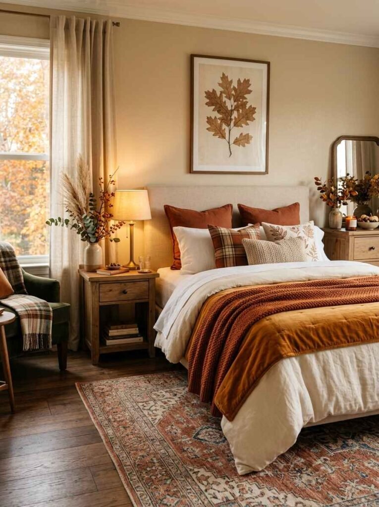Fully styled fall bedroom with a framed oak leaf art print, layered velvet and waffle blankets, a patterned rug, and warm bedside ambient light.