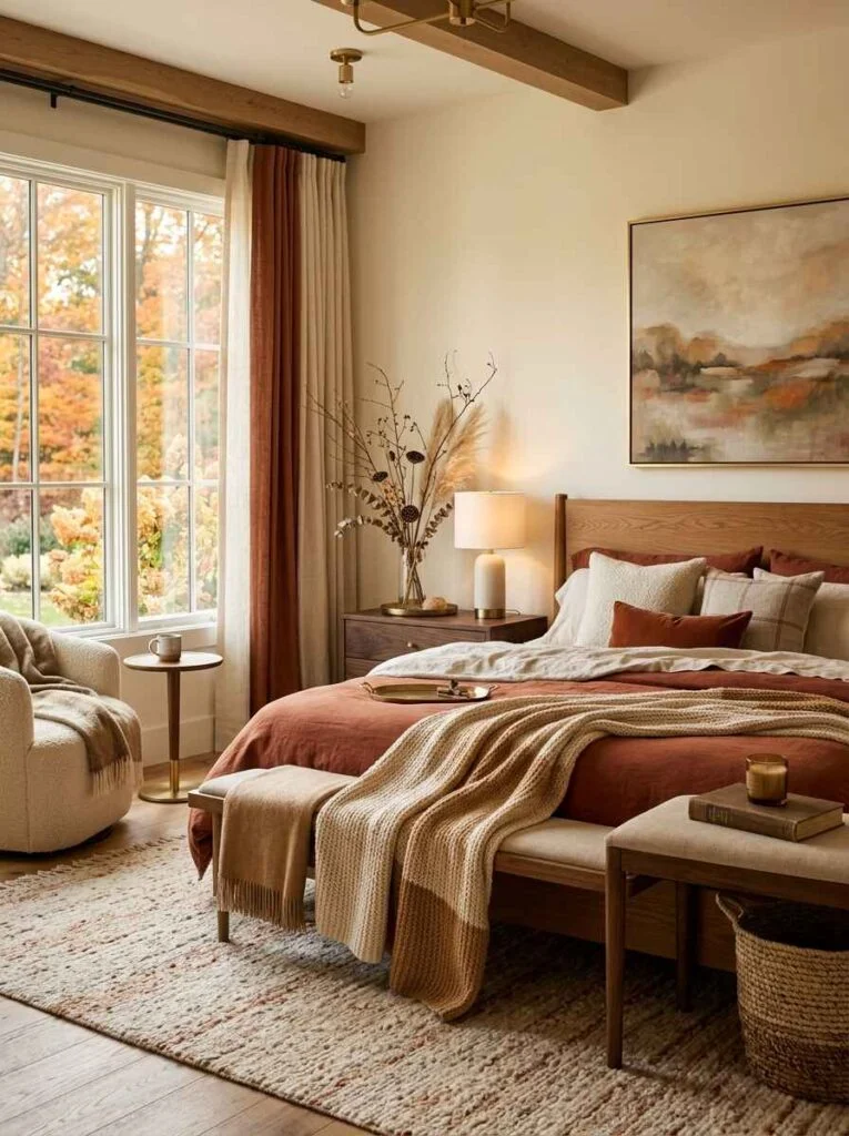 Elegant luxury fall bedroom featuring rust linen bedding, a chunky knit throw, a bouclé accent armchair, and warm brass fixtures.