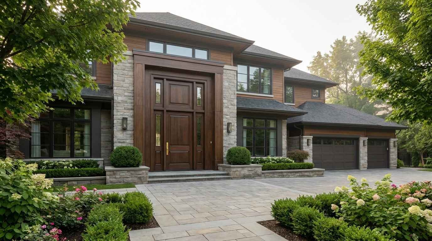 Modern architectural luxury home featuring a tall dark wood front door framed by warm wood paneling and natural stone cladding