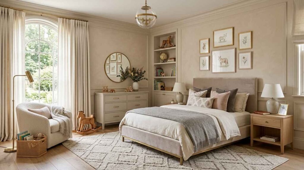 Elegant luxury kids bedroom featuring a soft beige upholstered bed frame, cream gallery wall frame set, plush geometric rug, and warm neutral decor.