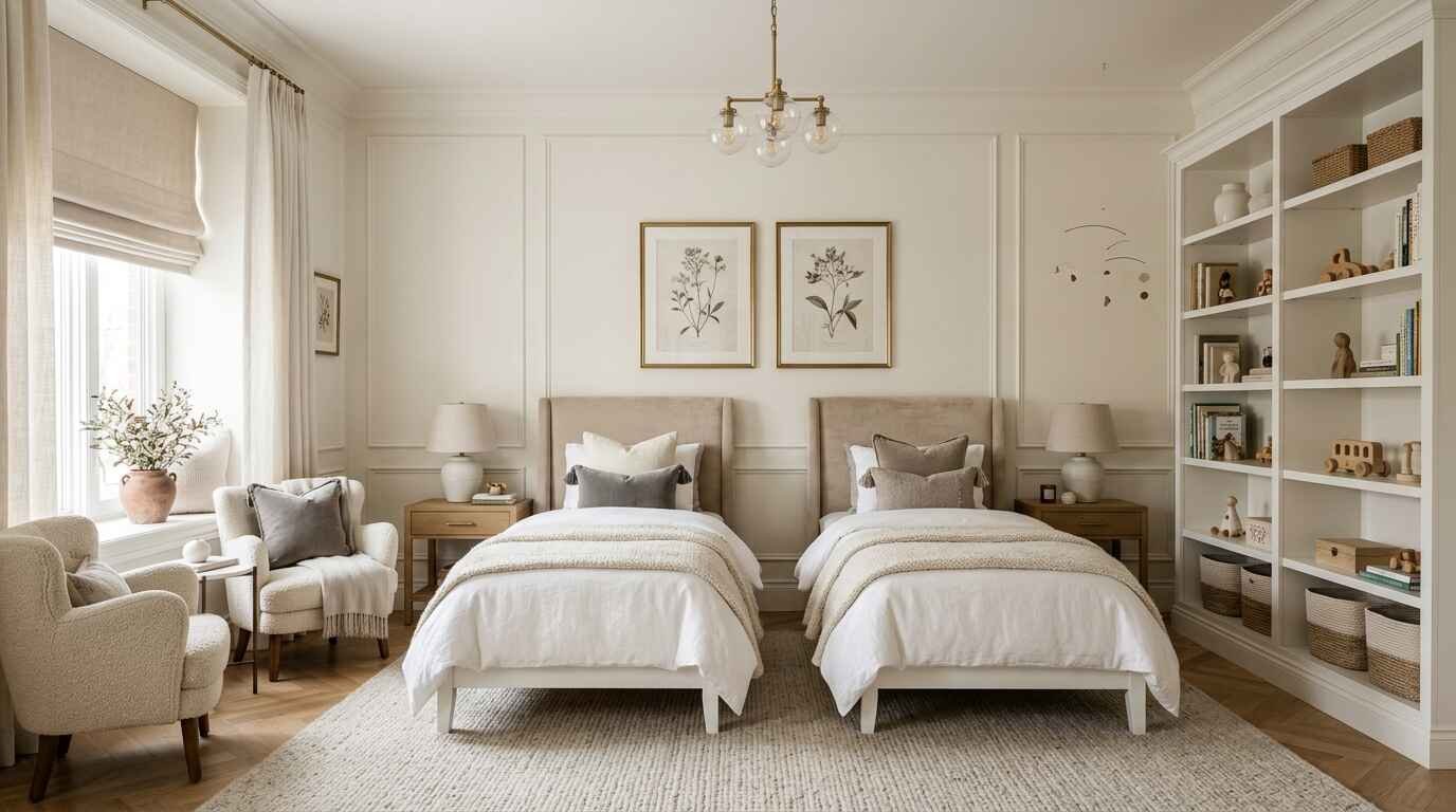 Elegant shared luxury kids bedroom featuring twin upholstered beds, classic wall molding, brass chandelier, and floor-to-ceiling built-in bookcases.