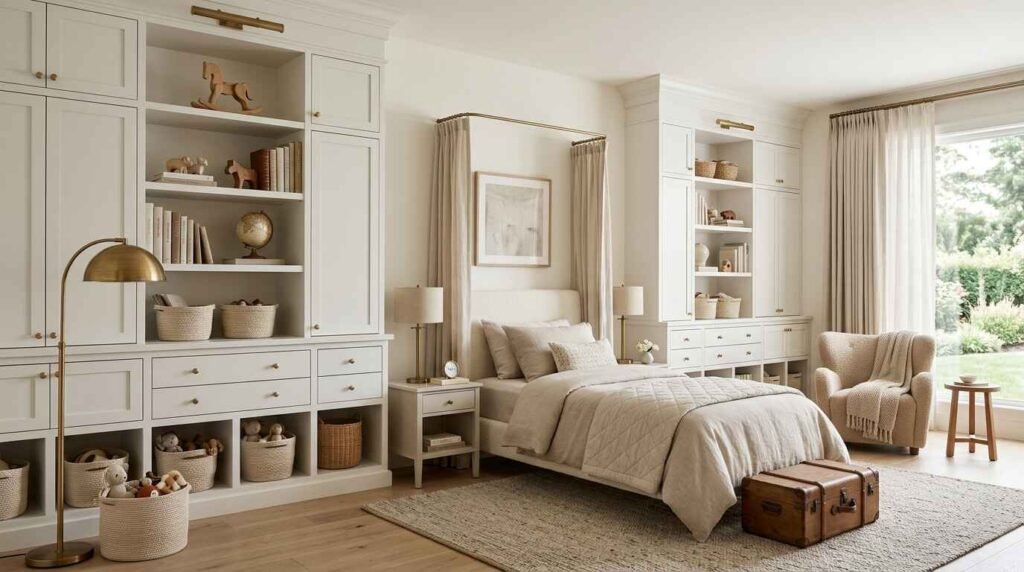 Custom off-white wall unit featuring open display shelves, woven baskets, drawers, lower toy cubbies, and integrated bed nook curtain alcove.