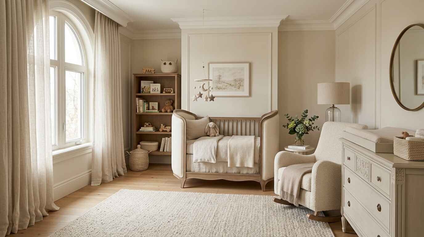 Luxury nursery with a soft neutral color palette, featuring a French-style wooden crib with upholstered ends, cream glider chair, and arched window drapes.