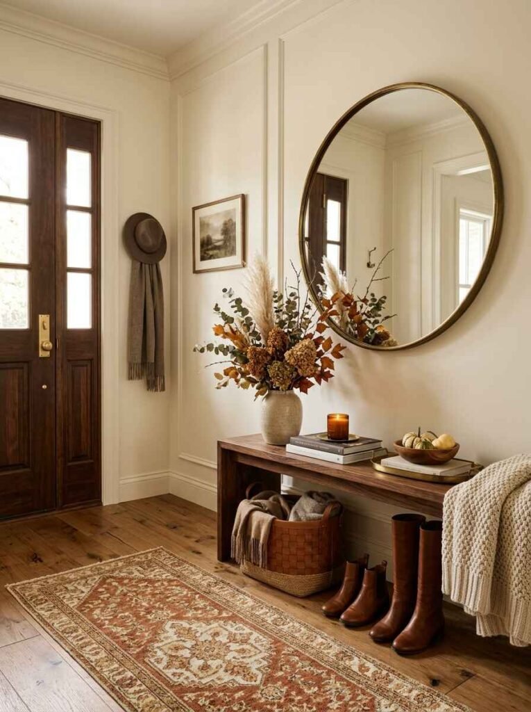 Minimalist autumn entryway setup with a natural wood console table, round mirror, and single dried foliage arrangement.