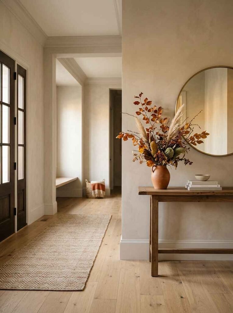 Minimalist warm neutral foyer with a simple wooden console table, round mirror, and autumn foliage arrangement.