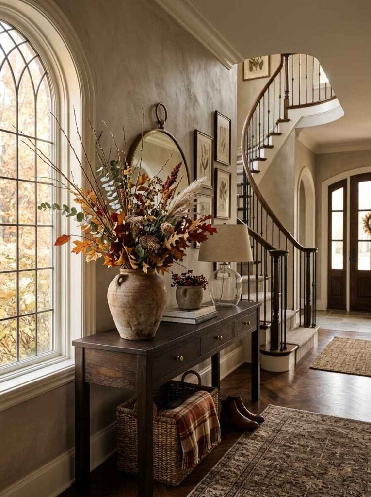Natural dried branches and autumn foliage in a stone vessel on a dark wood entryway console table.
