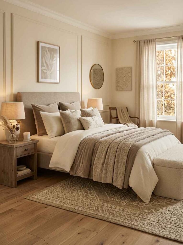 Sophisticated neutral fall bedroom styled with taupe and cream pillows, a waffle-weave beige blanket, soft linen drapes, and natural wood accents.