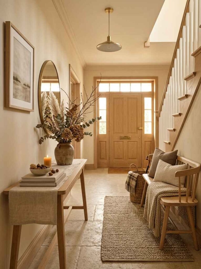 Light oak console table and neutral runner styled with pampas grass, dried greenery, and warm cream textiles.