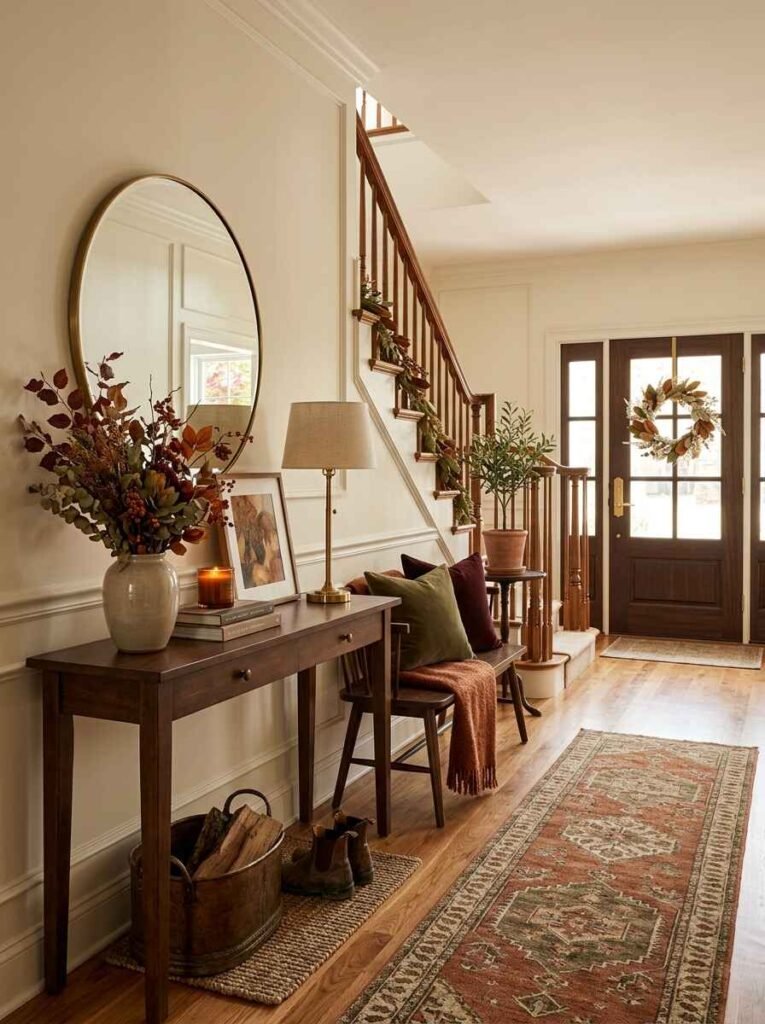 Foyer entryway console styled with warm autumn accents, green velvet pillows, and a rustic runner.