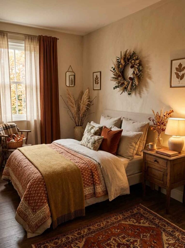 Small bedroom made cozy for fall with vertical dried floral wreaths, a space-saving bedside table, warm mustard yellow knit throws, and layered textiles.