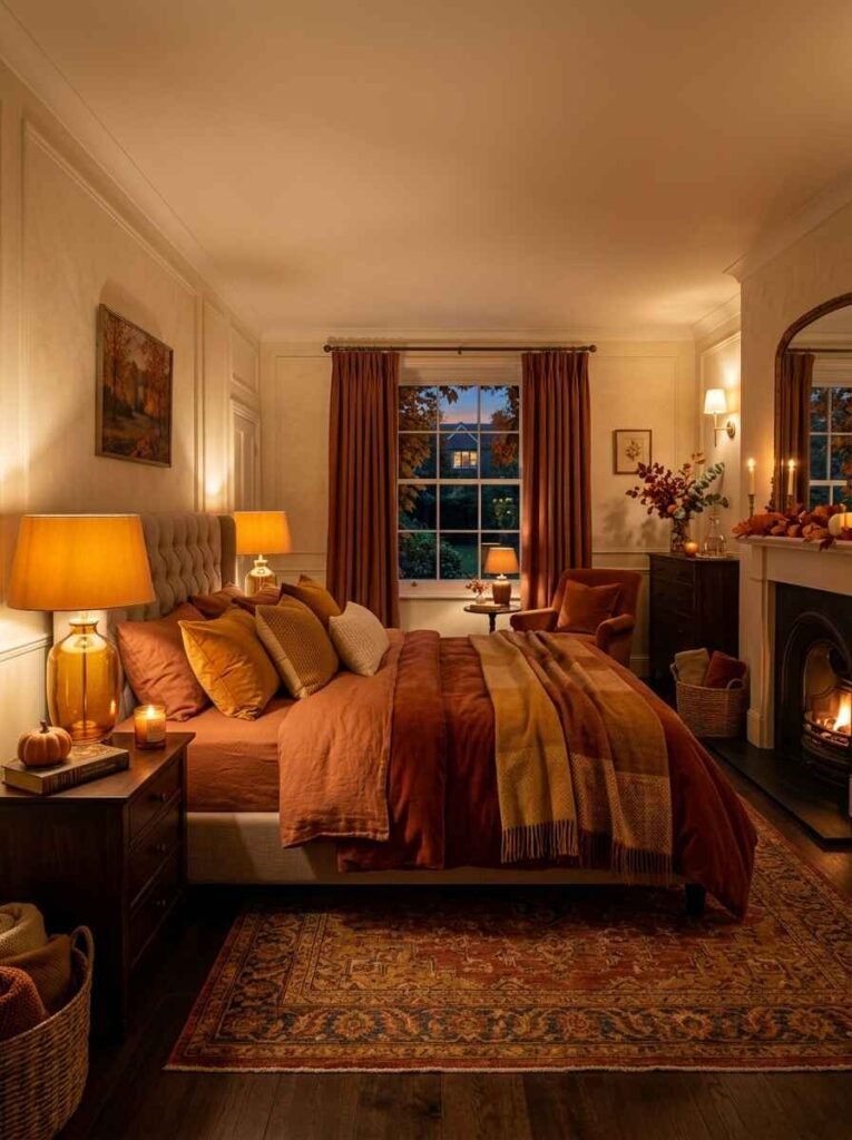 Warm evening bedroom lighting with glowing amber lamps, flickering bedside candles, a cozy fireplace, and rich terracotta drapes.