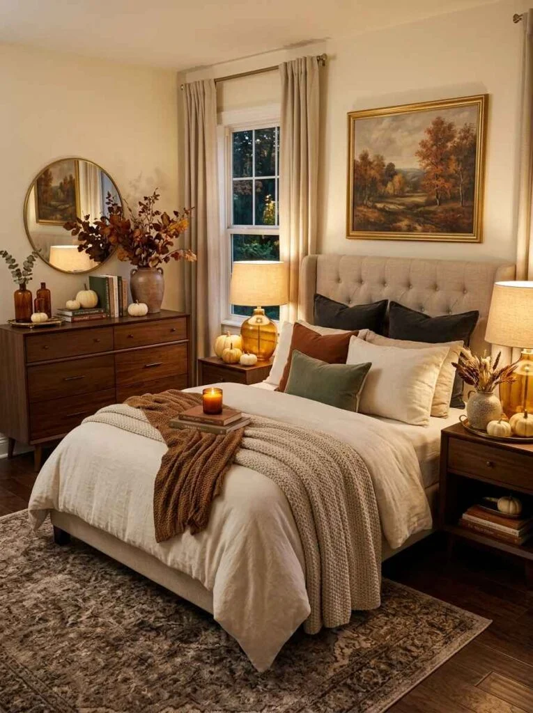 Dark wood bedroom dresser styled with small white pumpkins, amber glass bottles, stacks of books, and a ceramic vase with autumn oak leaves.