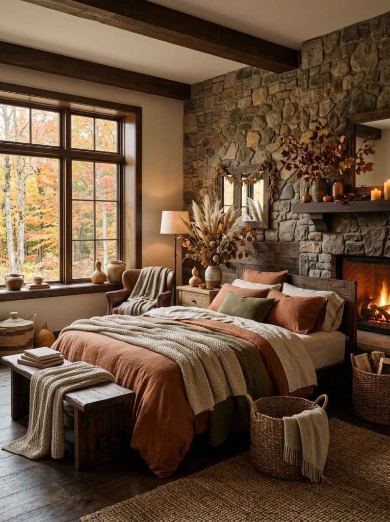 Rustic fall bedroom with an exposed stone fireplace wall, natural wood bed frame, woven baskets, dried pampas grass, and linen bedding.