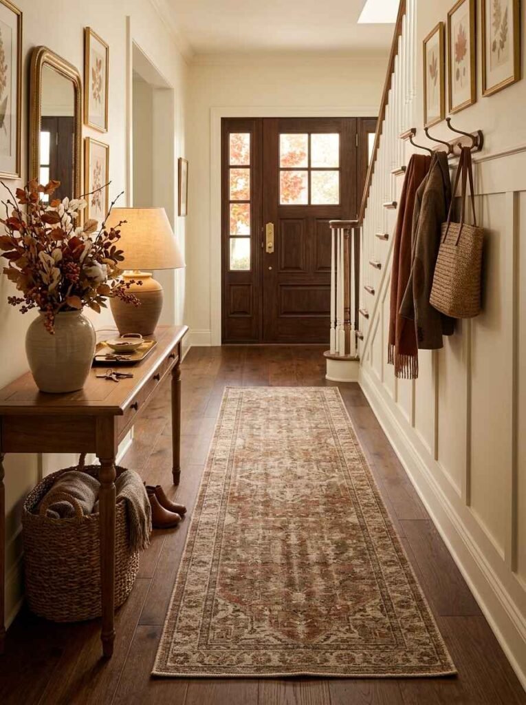 Patterned autumn hallway runner carpet leading down a hardwood entryway past a styled console table. (fall entryway decor)