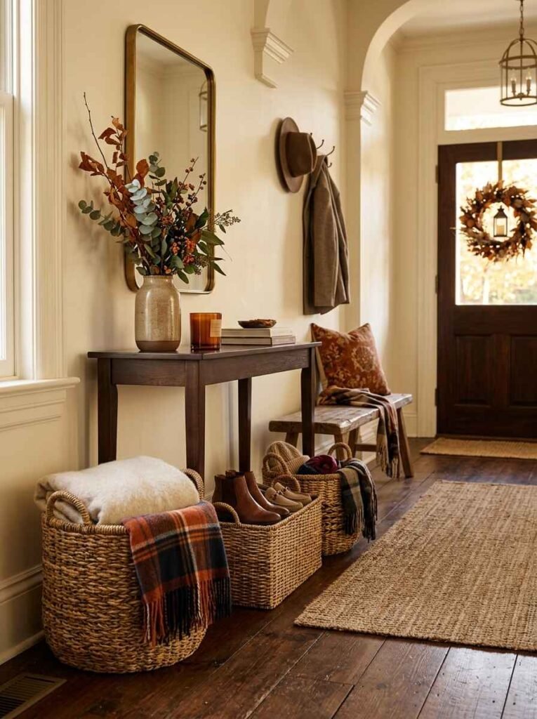 Woven seagrass baskets holding blankets and shoes arranged neatly under an entryway console table.