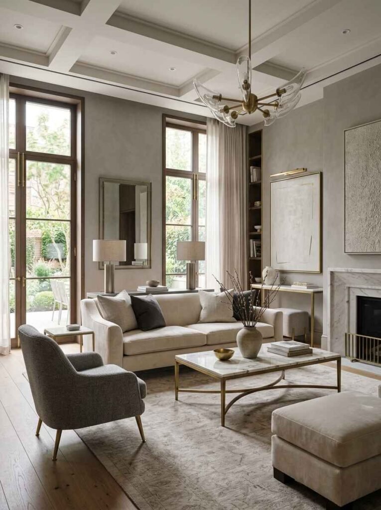 Elegant luxury living room accented with an aged brass chandelier, metal-framed coffee table, brushed brass picture lights, and subtle gold decor accents