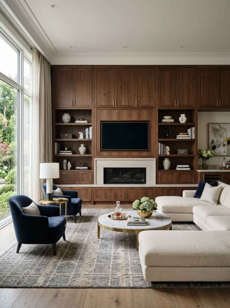 Floor-to-ceiling custom walnut built-in shelving unit with integrated media wall, lower cabinet storage, and styled decorative accent shelves