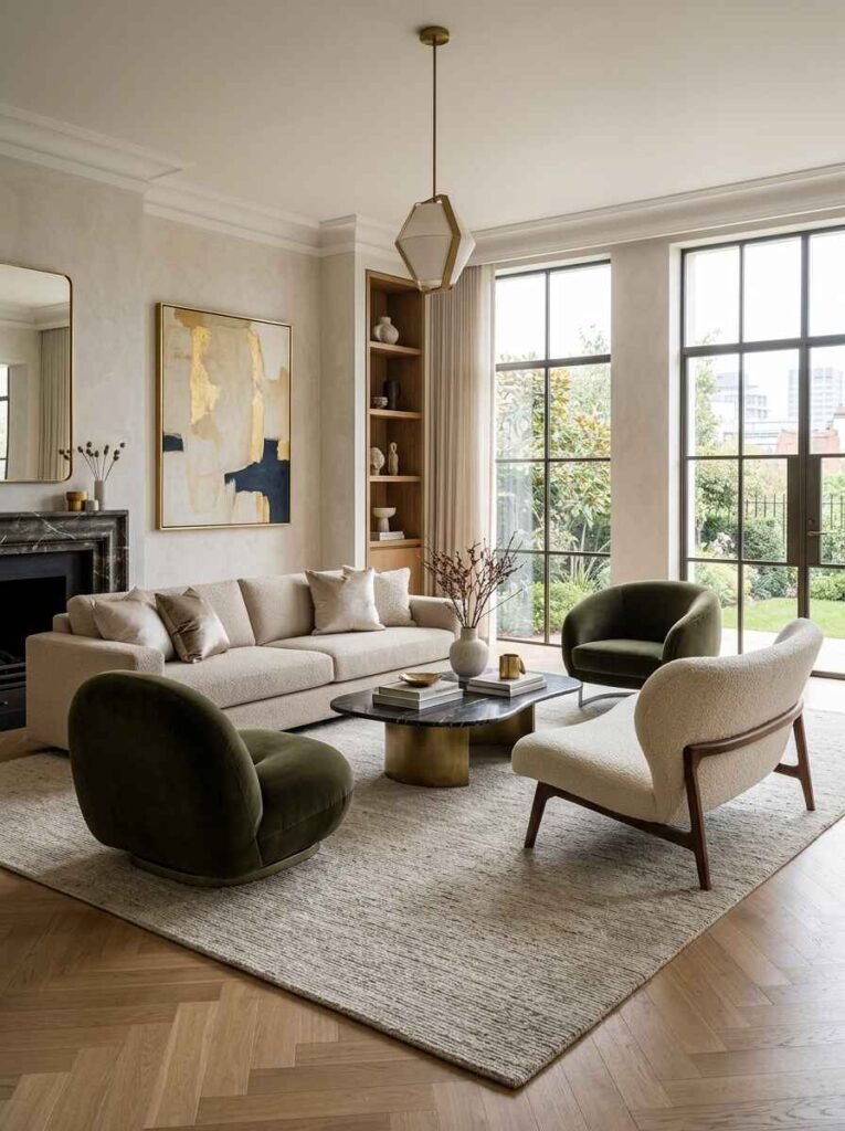 Elegantly styled living room showcasing curved olive green velvet tub chairs and a cream bouclé armchair surrounding a brass and marble coffee table