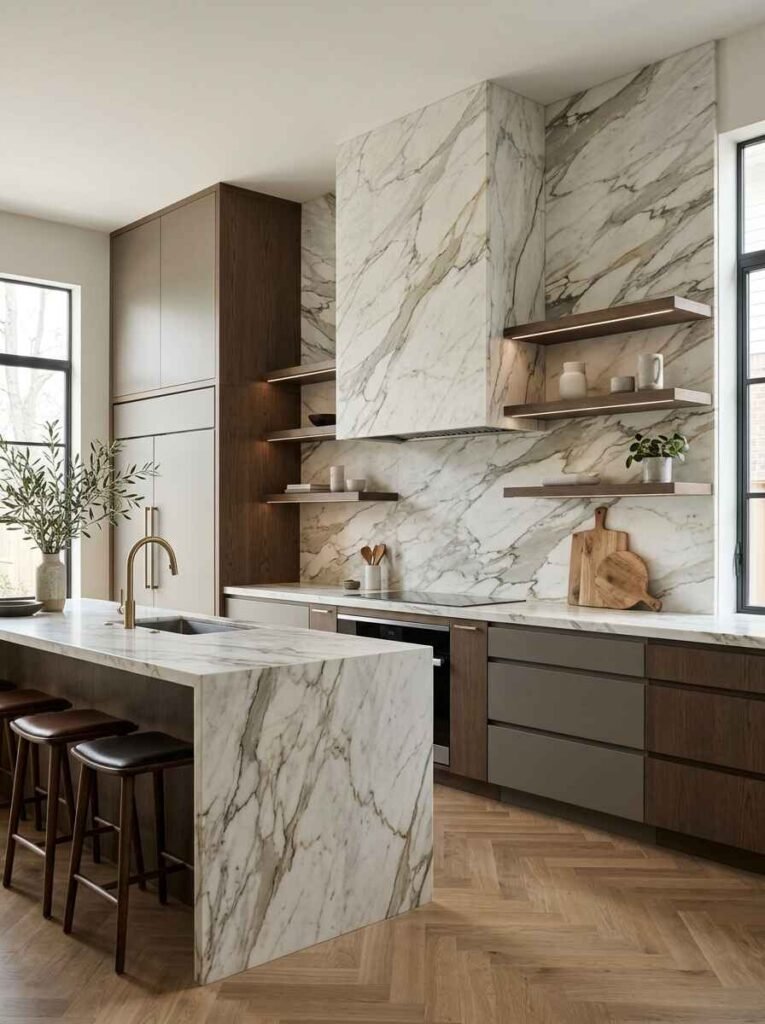 Full-height calacatta marble slab backsplash extending behind floating lit wood shelves and a matching stone range hood.