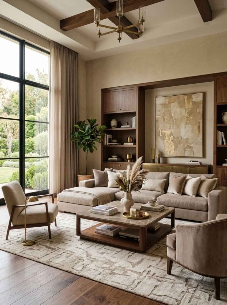 Layered beige and taupe living room featuring a warm taupe sectional sofa, dark walnut wall unit, geometric patterned rug, and subtle gold wall art.