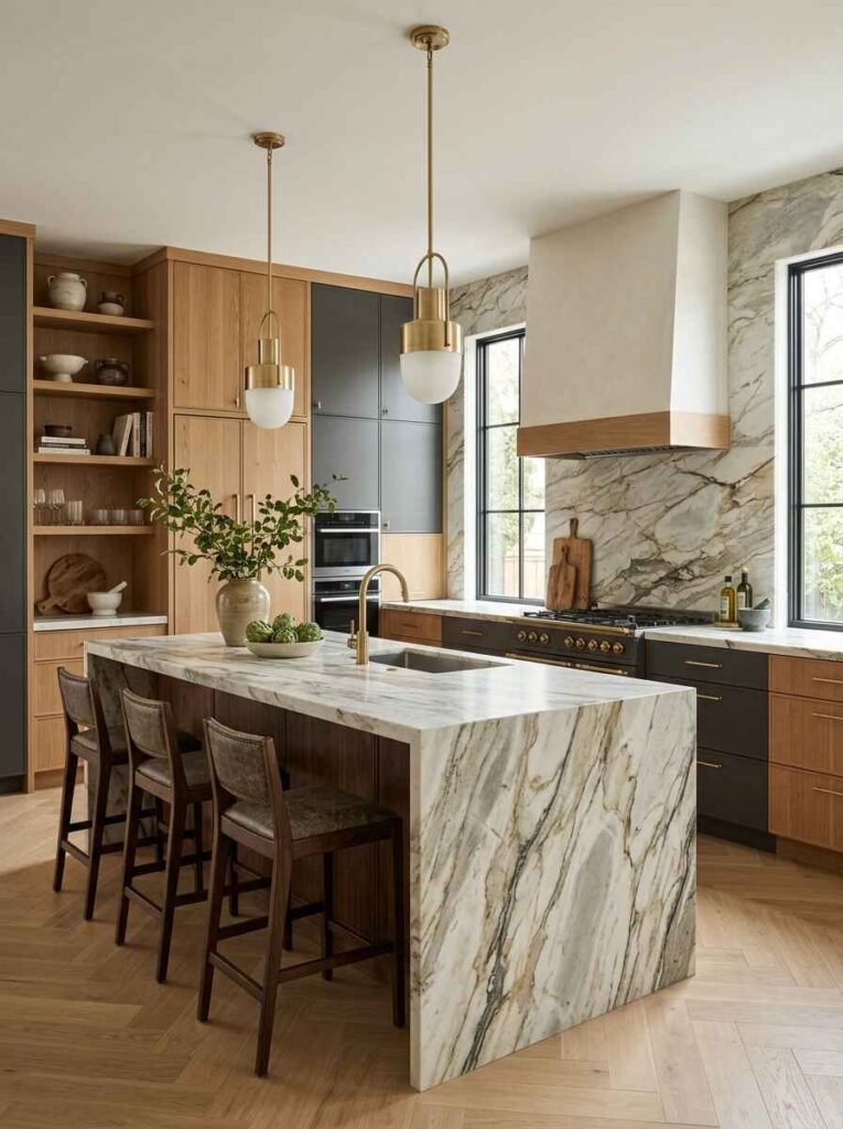 Coordinated natural oak cabinetry and dark charcoal accents paired with a full-height marble slab backsplash and matching waterfall island.