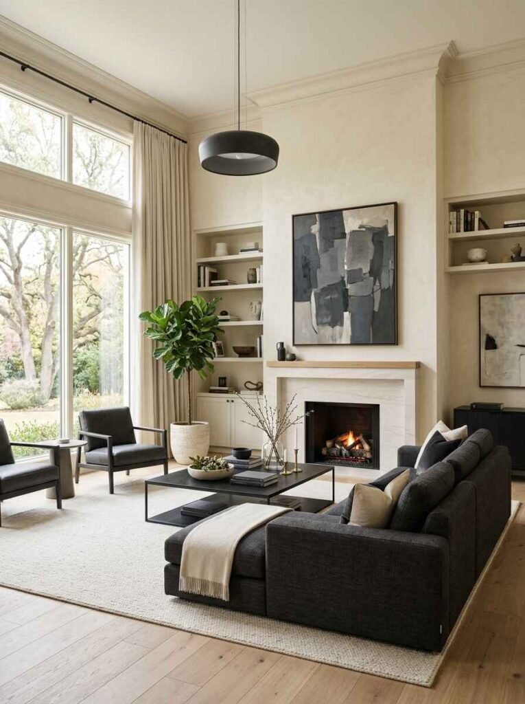 High-contrast contemporary living room featuring a dark charcoal sectional sofa, black accent table, cream walls, light wood flooring, and modern abstract art.