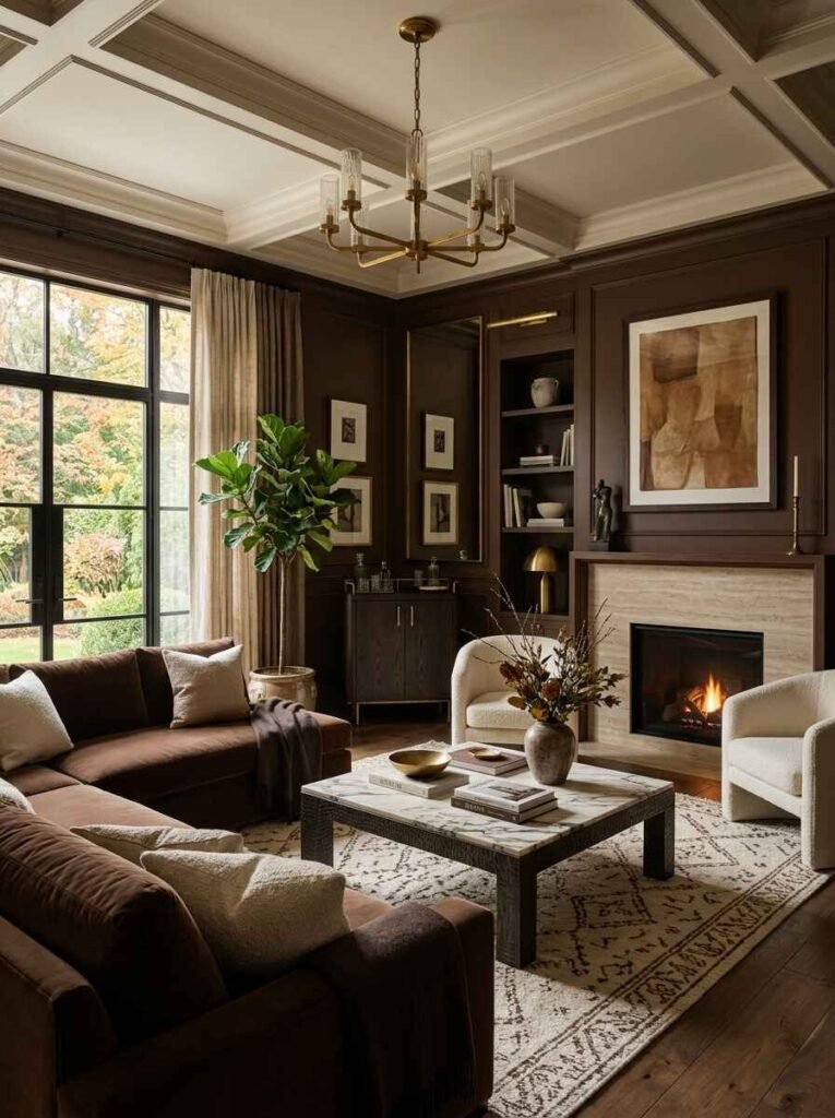 Rich living room with deep chocolate brown wood paneled walls, a dark brown sectional sofa, ivory armchairs, and a travertine fireplace hearth.