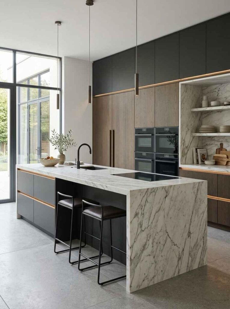 Modern handleless kitchen cabinetry featuring dark charcoal flat panels with integrated LED channel lighting and warm oak accent tall units.