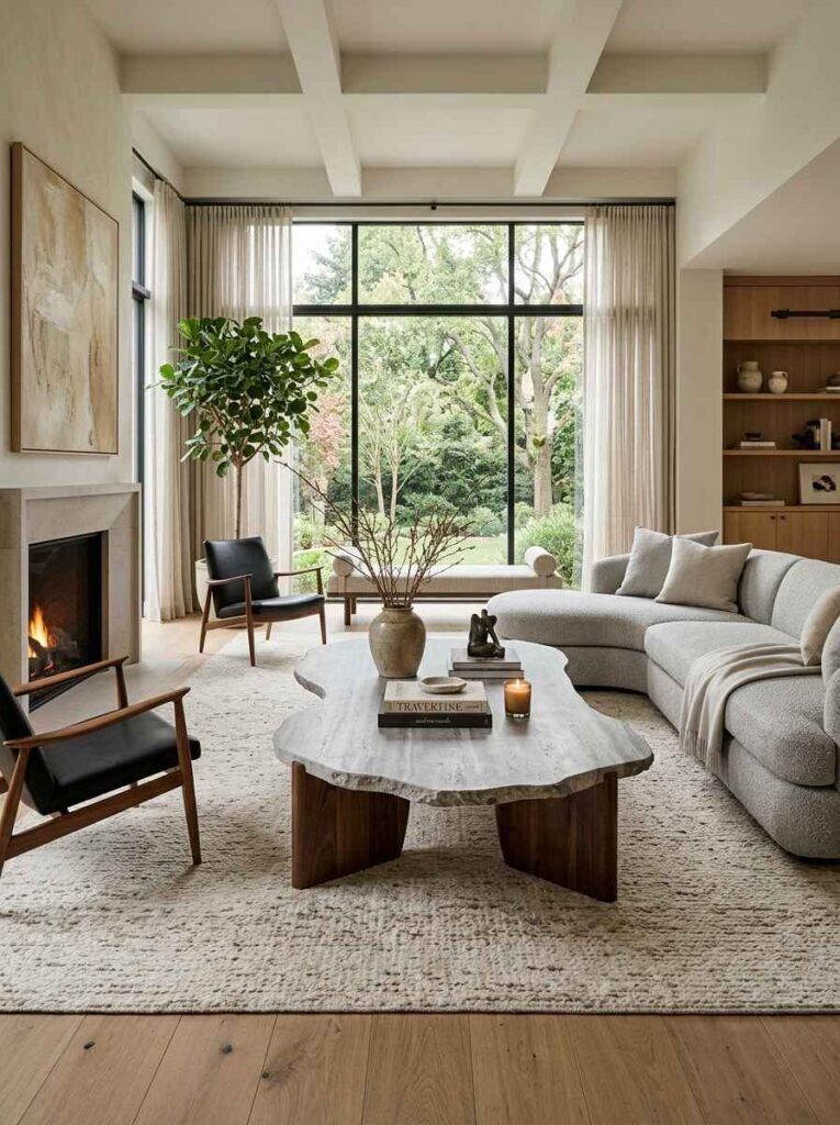 Modern luxury living room centered on an organic, live-edge stone slab coffee table set on walnut wood legs, paired with a curved sectional