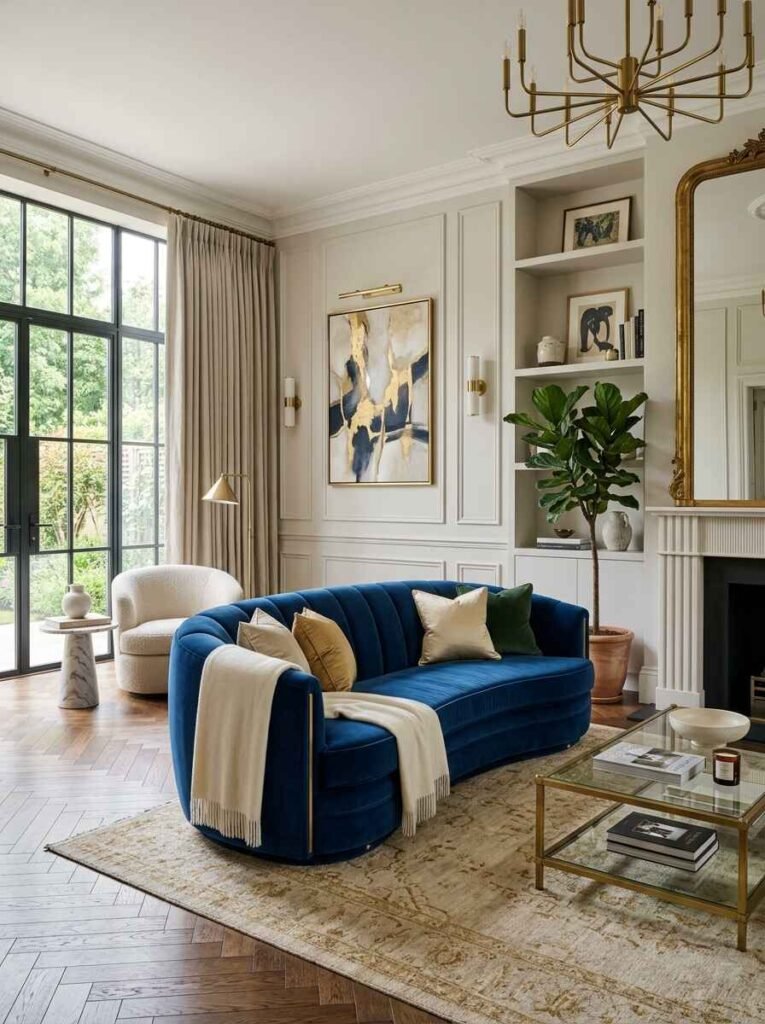 Architectural luxury living room centered around a curved royal blue velvet channel-tufted statement sofa on a neutral patterned area rug