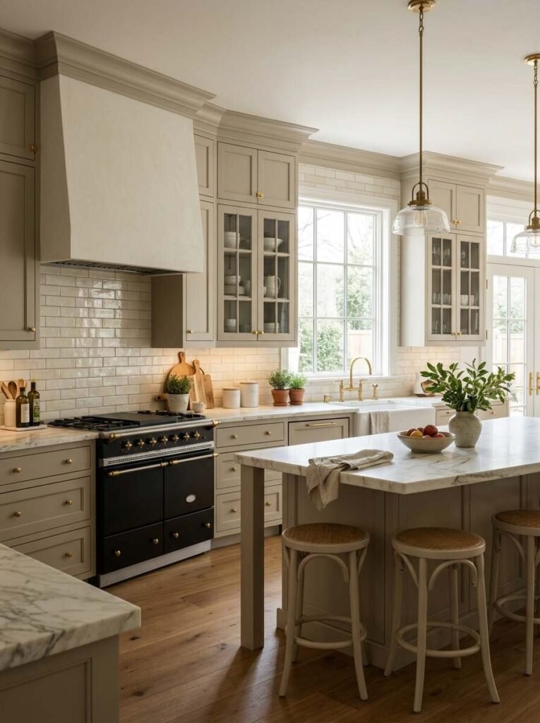 Soft cream glossy subway tile backsplash running behind a black range cooker, greige Shaker cabinetry, and a marble kitchen island