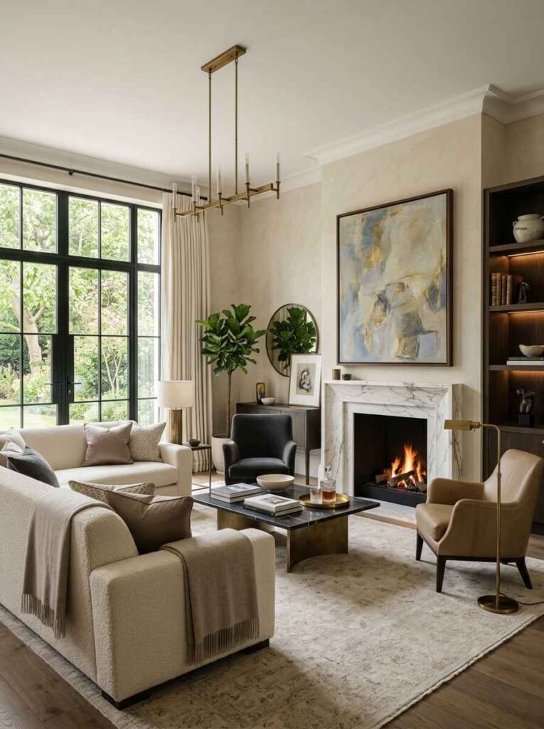Cohesive luxury living room featuring a linear marble fireplace, brass chandelier, bouclé sofa, cognac leather armchair, and muted abstract artwork