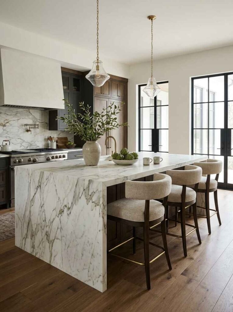 Calacatta marble waterfall kitchen island with a deep overhang featuring comfortable upholstered counter stools with brass footrests.