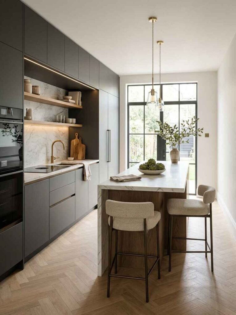 Narrow modern luxury kitchen island with a white marble waterfall edge and slim brass bar stools in a compact galley layout.