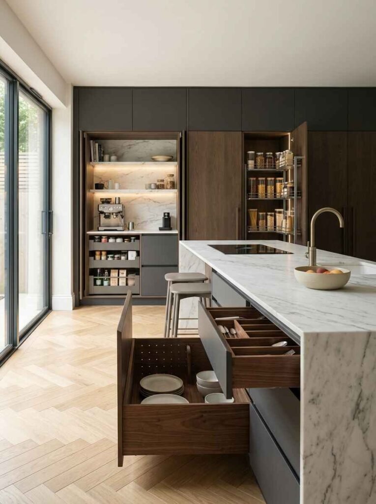 Modern luxury kitchen featuring integrated concealed storage, hidden appliance garages, deep wooden pull-out drawers, and organized pantry doors.