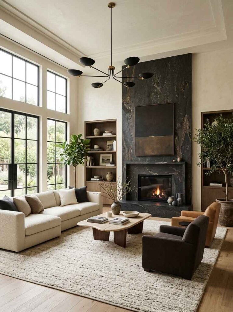 High-ceiling modern living room showcasing a floor-to-ceiling dark marble fireplace surround with gold veining, creating high-contrast against light cream walls.