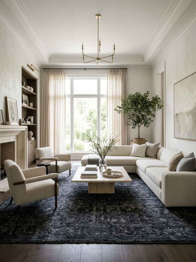 Deep charcoal plush area rug creating strong visual contrast beneath a off-white sectional and light cream walls.